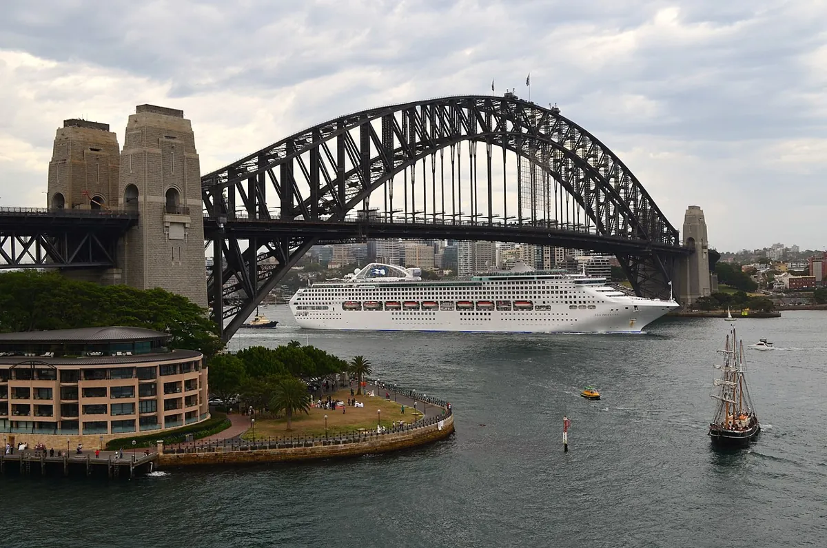 Cruise ship sailing under Harbour Bridge — Sydney Harbour, Australia