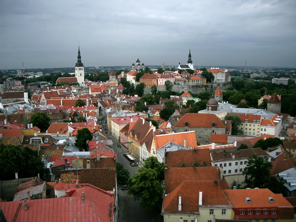 The medieval old town of Tallinn, viewed from the tower of St. Olaf's Church — Estonia