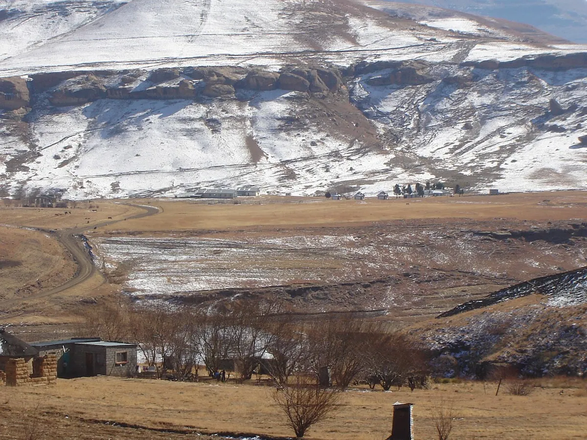 Snow-covered mountains and rural scenery in Lesotho