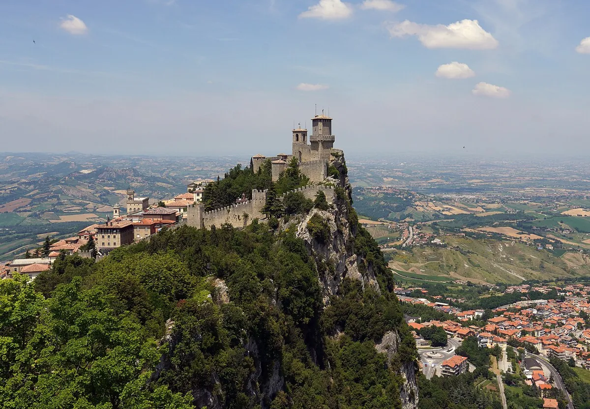 The fortress of Città di San Marino seen from the side of torre Guaita on Monte Titano