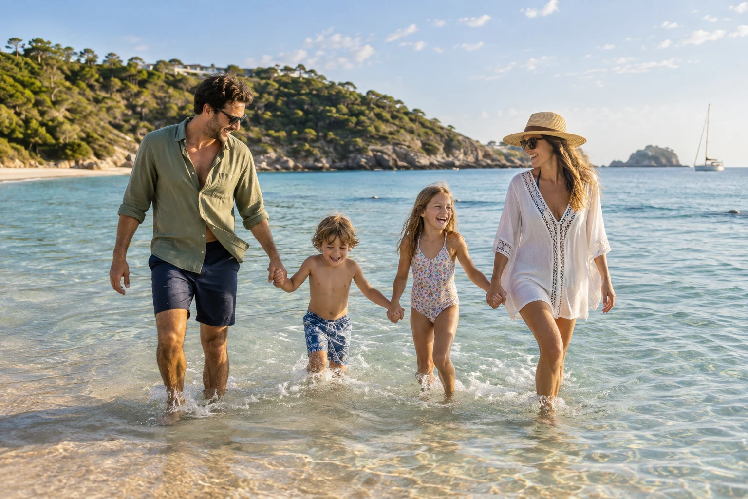 A family enjoying the shallow sea together on a sunny beach holiday.