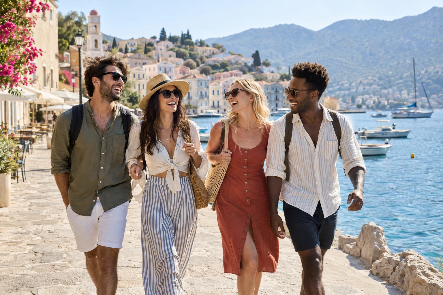 Friends laughing together on a sunny coastal holiday.