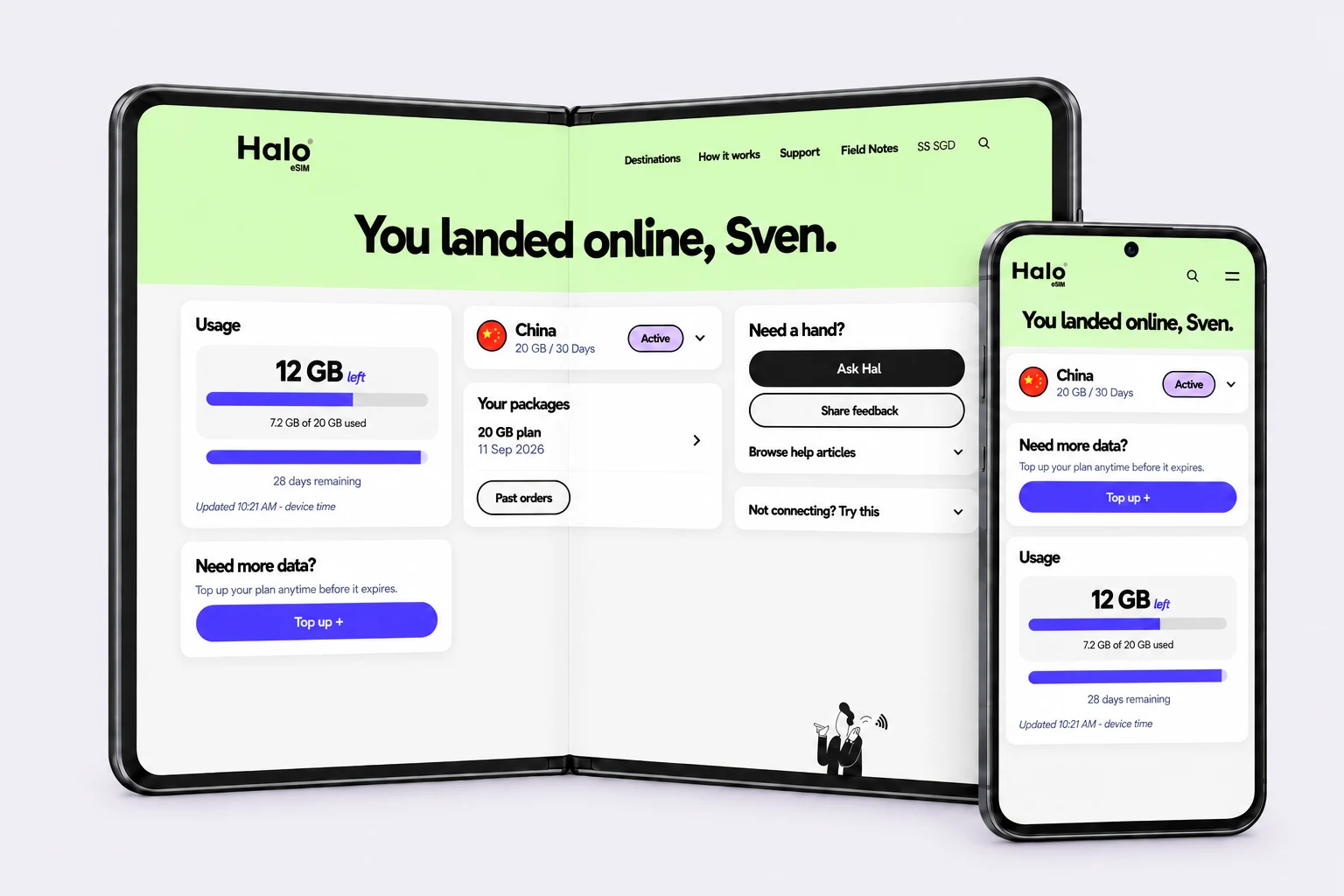 My Halo portal shown on a foldable device and an Android phone, with data usage, top-up, package details and help.