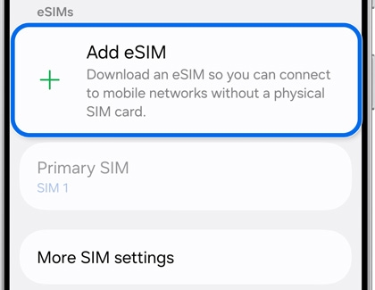 Samsung SIM manager with Add eSIM highlighted.