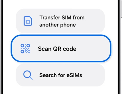 Samsung eSIM options with Scan QR code highlighted.