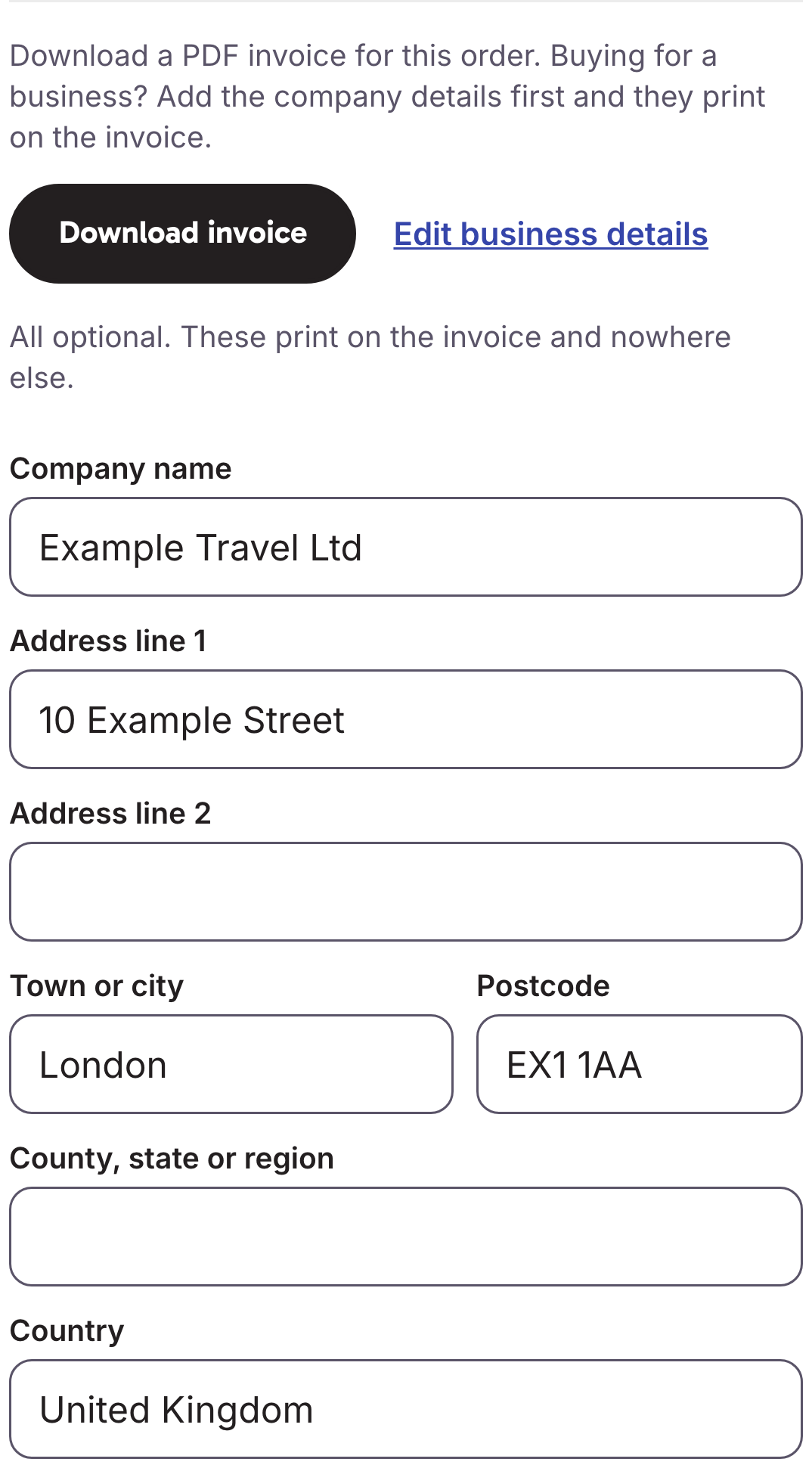 Halo order details showing the Download invoice control and optional company and address fields filled with example details.